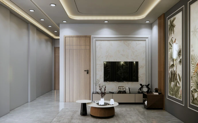 A living room with a large painting on the wall